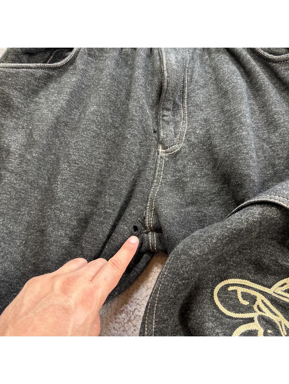 Y2K Hard Knock Denim Embroidered Baggy Cargo Sweatpants Black Wide Leg Carpenter - Picture 8 of 12